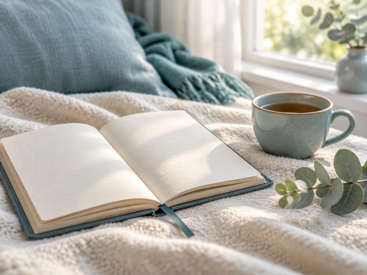 An open journal beside a cup of tea in soft morning light
